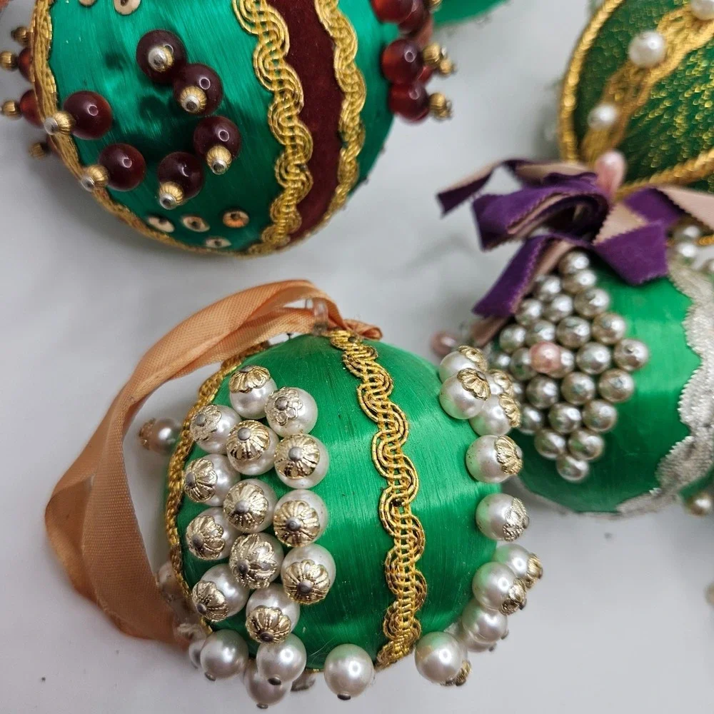 6 Vintage Handmade Satin Beaded Christmas Ball Ornaments Green Gold Pearl